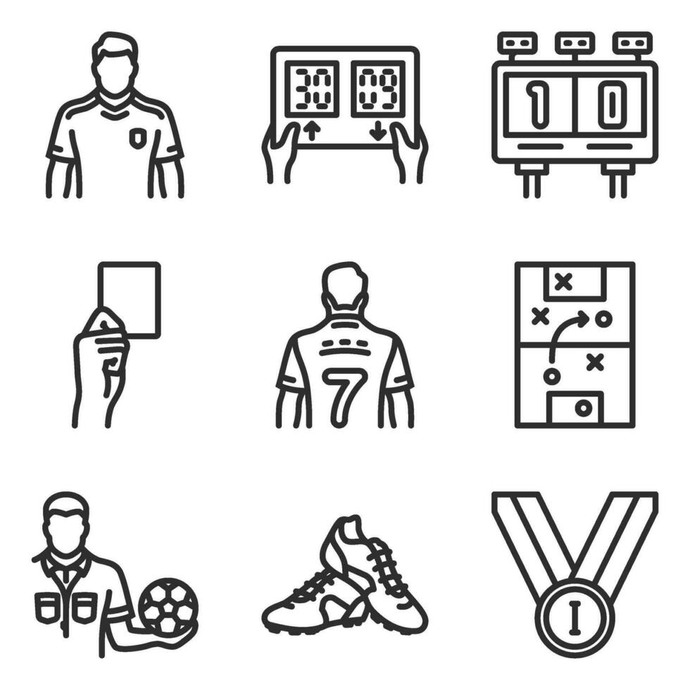 fútbol icono colocar, en línea estilo, incluso tarjeta, árbitro, jugador, y zapato. adecuado para Deportes y fútbol americano necesidades. vector