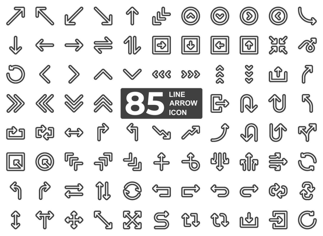 A set of gray-black two-line arrow symbol icon set in pixel perfect for directions and user interface as well as for traffic signs. This includes forward, back, turn, reverse, rewind, up and down. vector