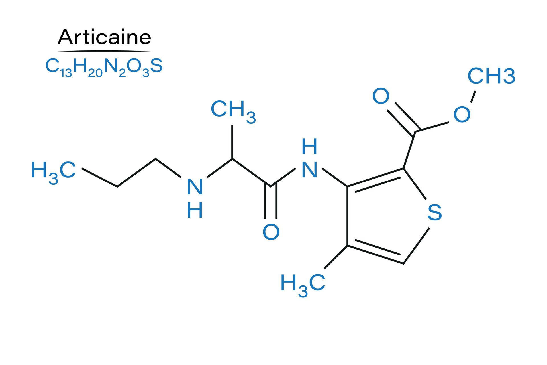 Articaine local anesthetic molecule skeletal formula of drugs vector