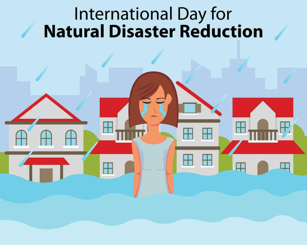 illustration vector graphic of a girl crying in the middle of a flood puddle, perfect for international day, natural disaster reduction, celebrate, greeting card, etc.