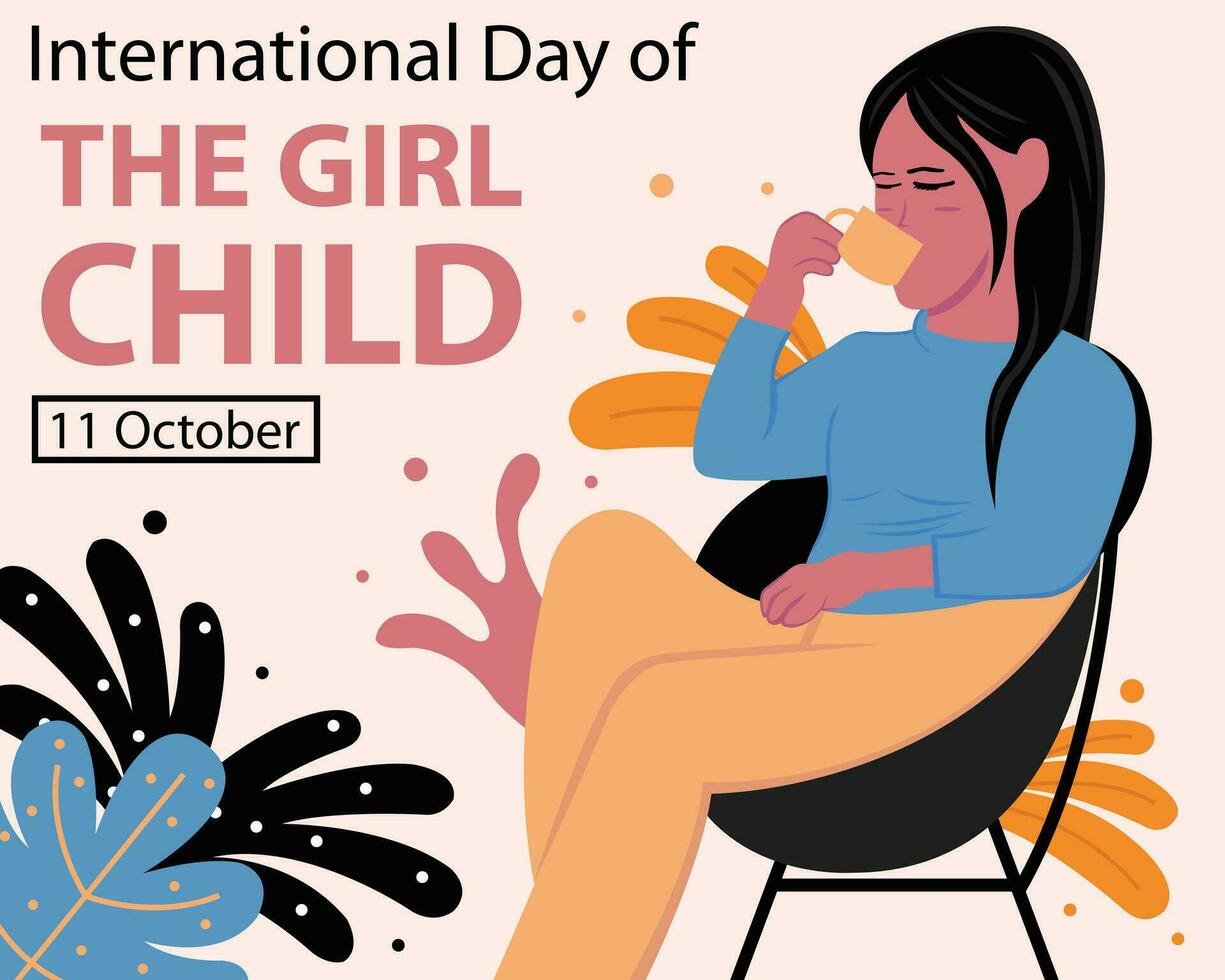 illustration vector graphic of a girl is sitting and drinking a cup of coffee, perfect for international day, international day of girl child, celebrate, greeting card, etc.