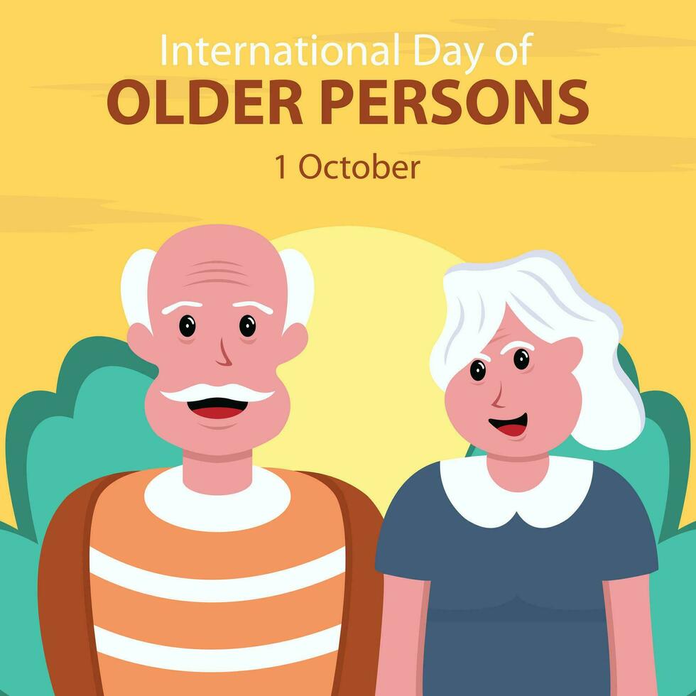 illustration vector graphic of an elderly couple laughing together, featuring a sunset in the background, perfect for international day, international day of older persons, celebrate, greeting card.