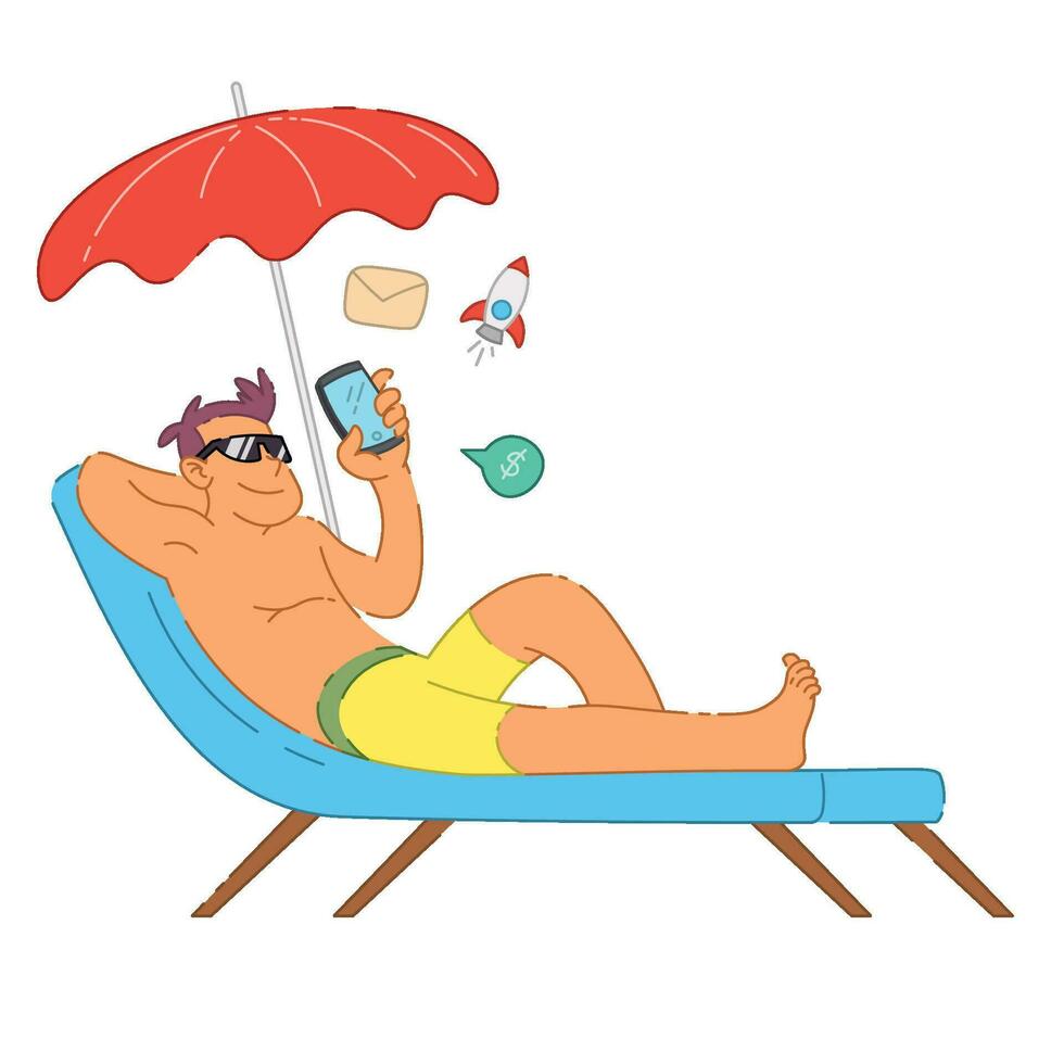 hombre relajante en cama solar comprobación su teléfono inteligente, adecuado para verano, playa y vacaciones ilustración. vector