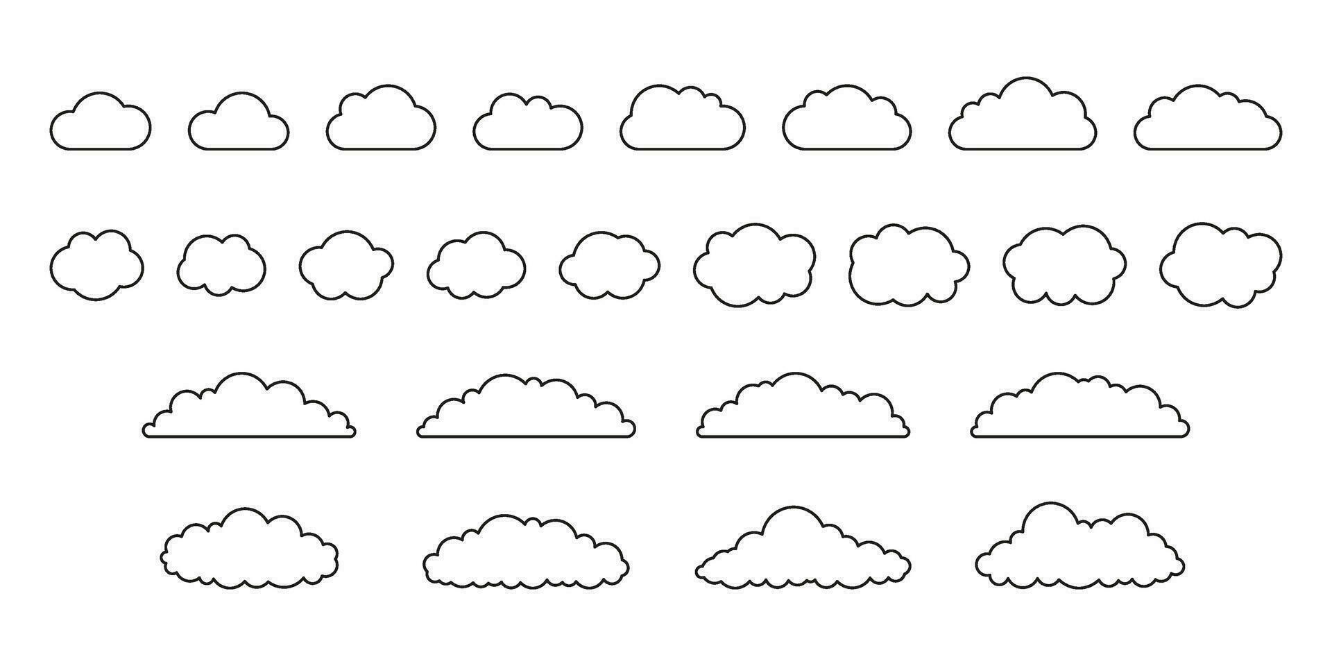 Cloud shape on sky set, weather line icon. Simple flat style of different clouds. Graphic element collection for web and print. Vector outline illustration