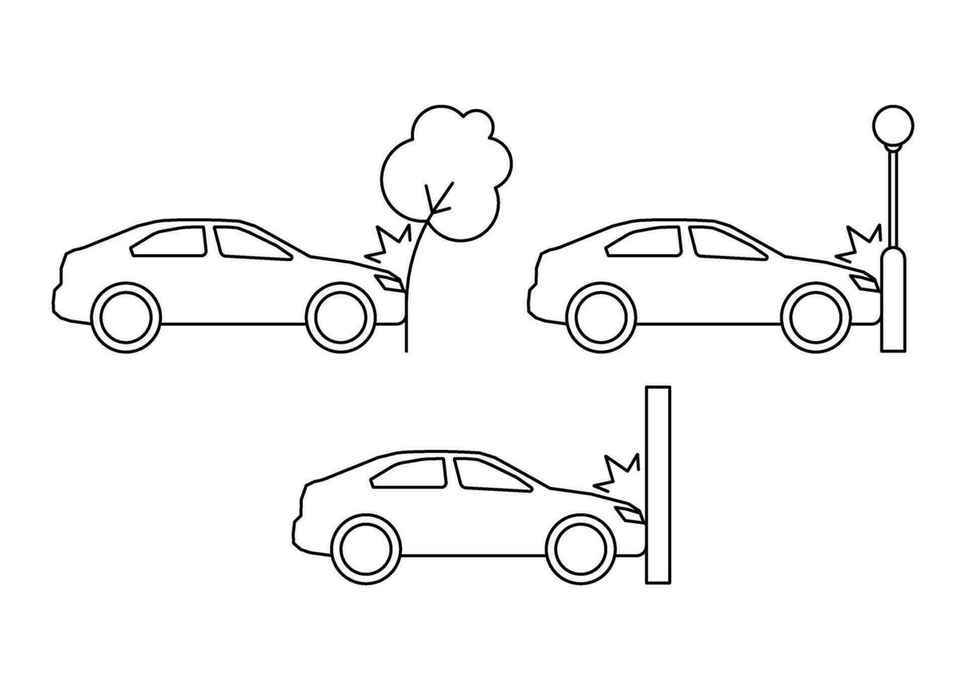 Car crash, accident of transport, line art icon set. Collision with an obstacle tree, lantern, wall. Frontal collision. Vector outline illustration