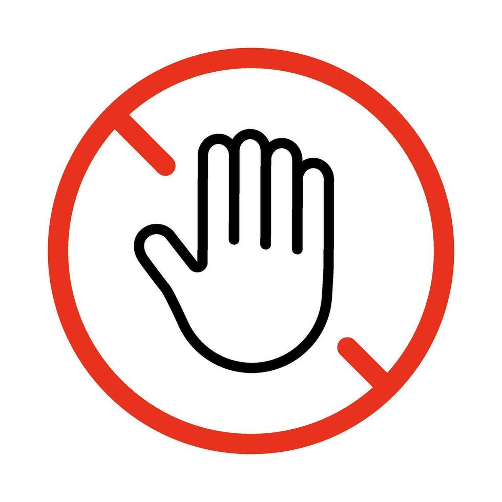 Hand stop symbol, gesture of prohibition icon. Limit sign. Gesture no. Danger to touch. Icon of palm in red restriction circle. Vector illustration