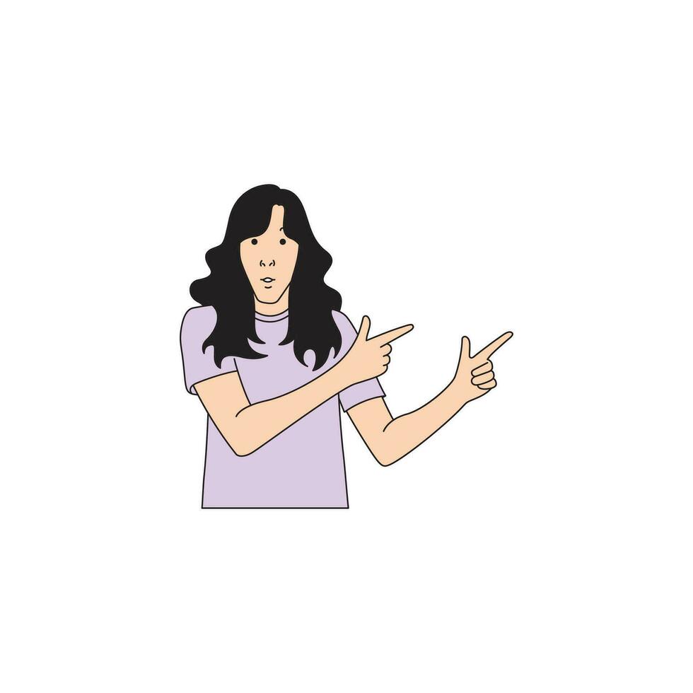 a woman with long hair was pointing with both hands to the side vector