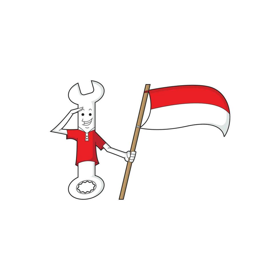 the wrench mascot is saluting with the Indonesian flag vector