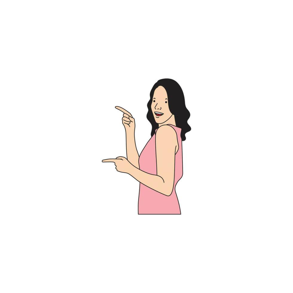 a woman with long hair is pointing with both hands facing sideways vector