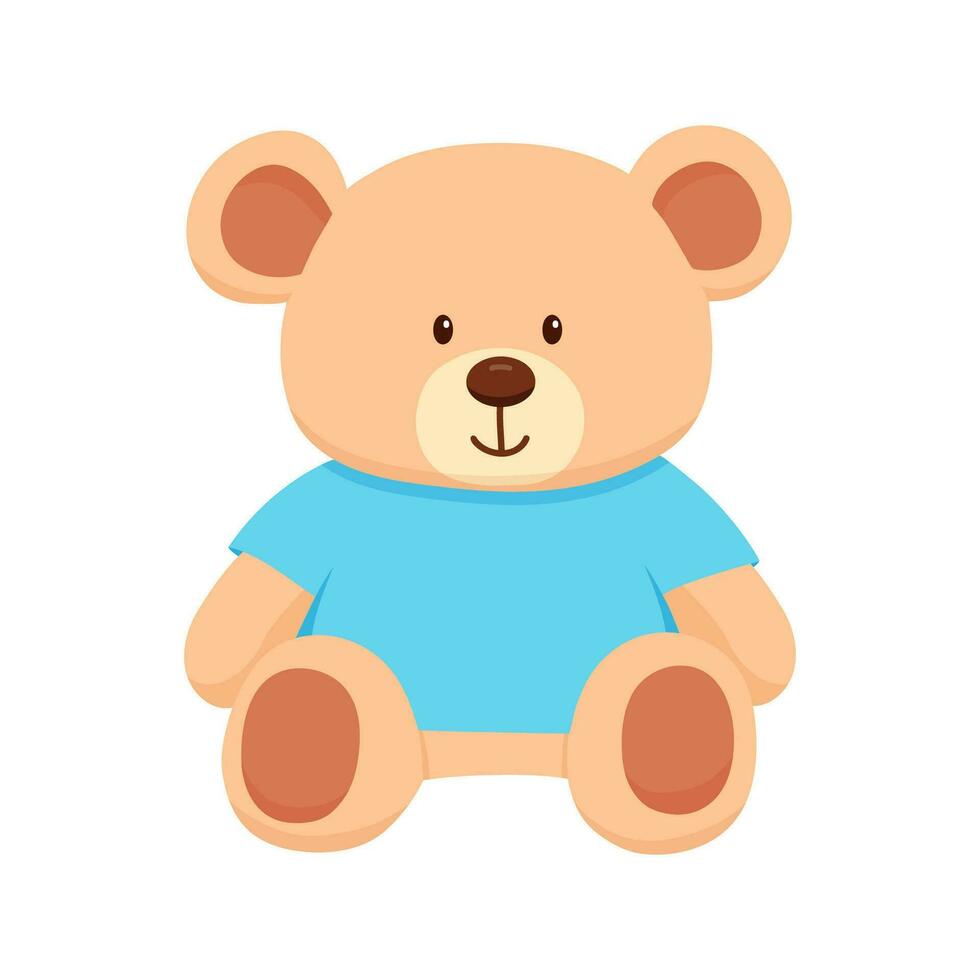 Cute bear toy in blue t-shirt. Hand drawn flat childish illustration isolated on white background vector