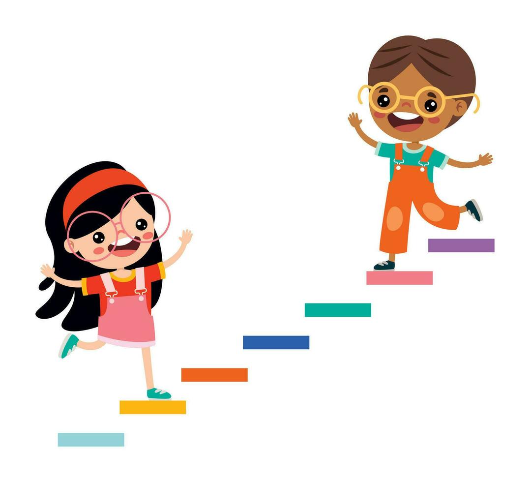 Cartoon Kids Walking Up And Down On Stairs vector