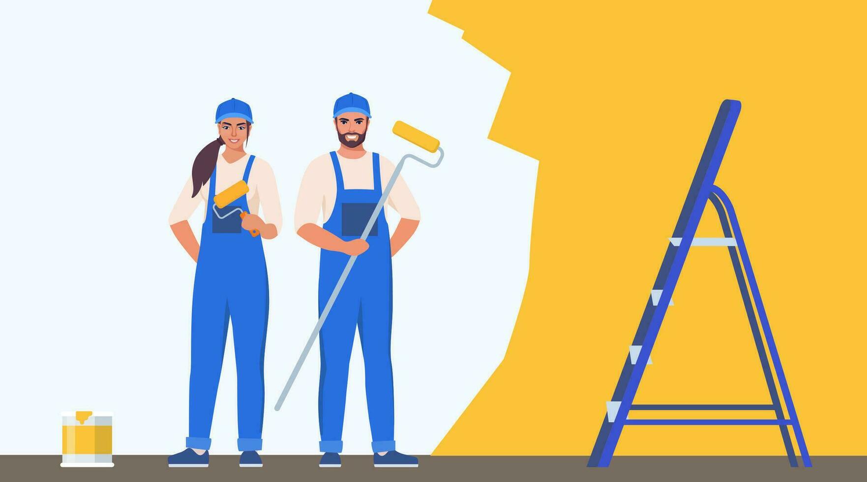 Painters woman and man painting house wall with roller brush. Decorator job, interior renovation service. Vector illustration.