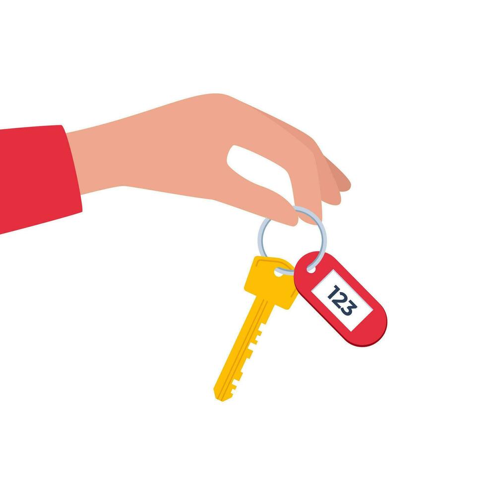 Hand Holding the Car Key. Modern hotel door lock key with room number badge. Vector illustration in flat design.