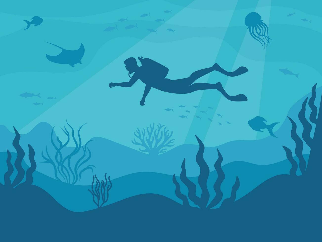 Silhouette of a scuba diver in the underwater world. The diver dives to the depths of the ocean. Vector illustration.