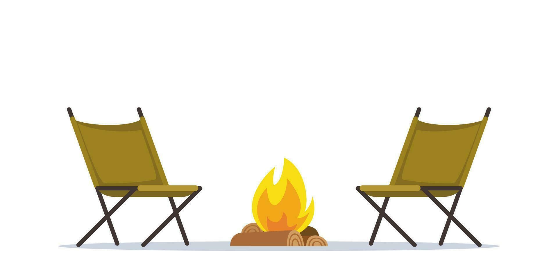 Campfire and camping chairs. Summer portable outdoor furniture for traveling. Climbing, hiking, trakking sport, adventure tourism, travel, backpacking. Vector illustration.