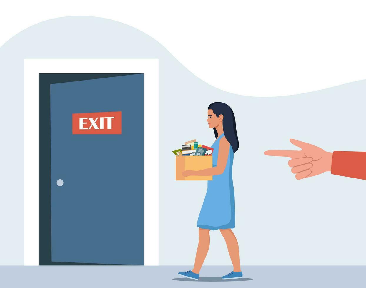 Dismissal, employee replacement. Unhappy woman dismissed from job, leave office with stuff in box. Unemployment dismissal of workers. Layoff, crisis. Vector illustration.