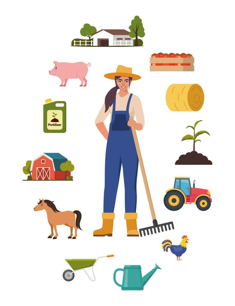 Farmer character and different farm elements. Woman farmer, barn, horse, fertilizer, haystack, cart, crop, pitchfork, watering can, plant. Set of elements on farm theme. Vector illustration.