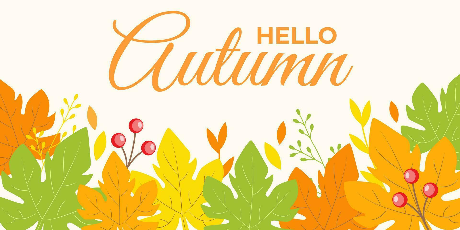 Banner with autumn maple leaves, twigs and berries. Vector illustration. Plant background with nature elements. Hello Autumn text design.