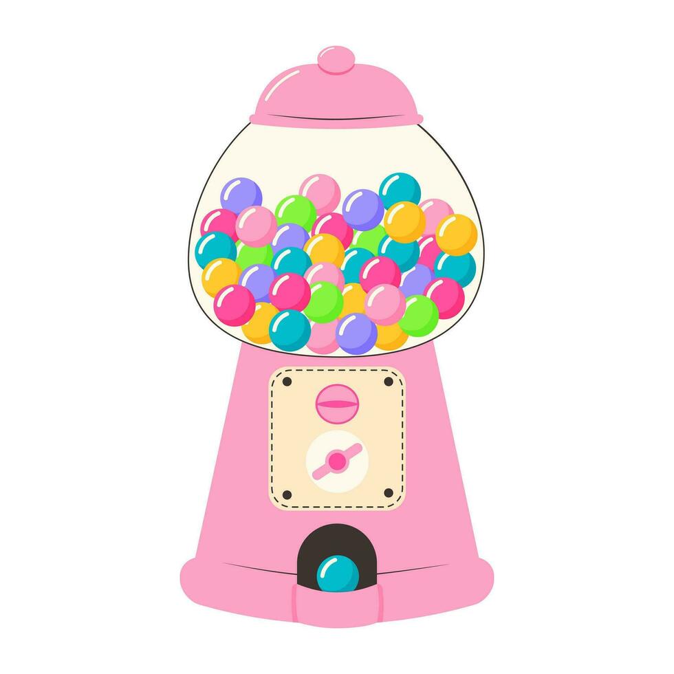 Chewing gum machine. Old fashioned gumball machine. Cartoon candy or bubble gum dispenser. 80s, 90s childhood nostalgia. vector