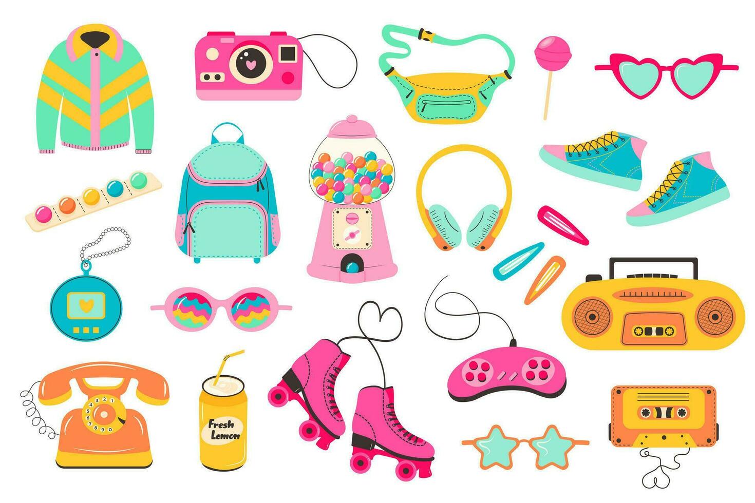 Retro 80s 90s clipart set. Cute y2k glamour fashion patches, badges, emblems, stickers. Modern flat cartoon style. Trendy old school collection. vector