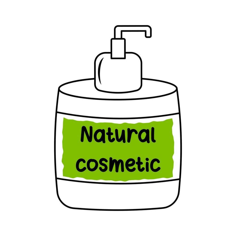 natural cosmético botella con dispensador en garabatear estilo. protección de la piel eco producto icono. vector