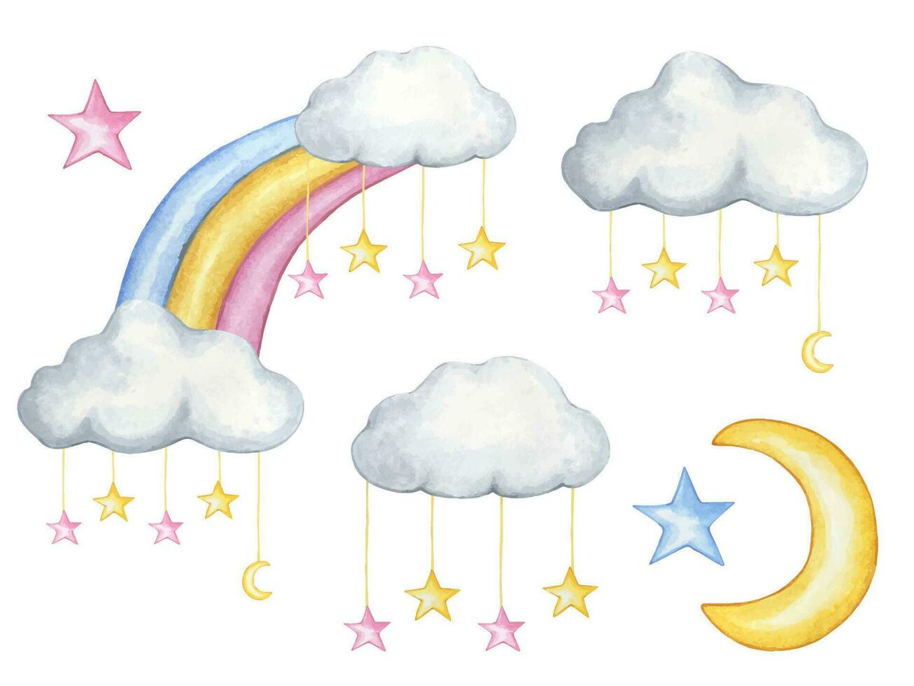 Hand drawn watercolor set with rainbow, clouds, stars, moon vector