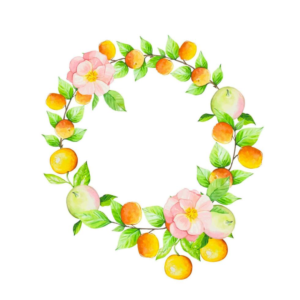 Wreath with fruits, peaches, apples, oranges and roses, watercolor vector