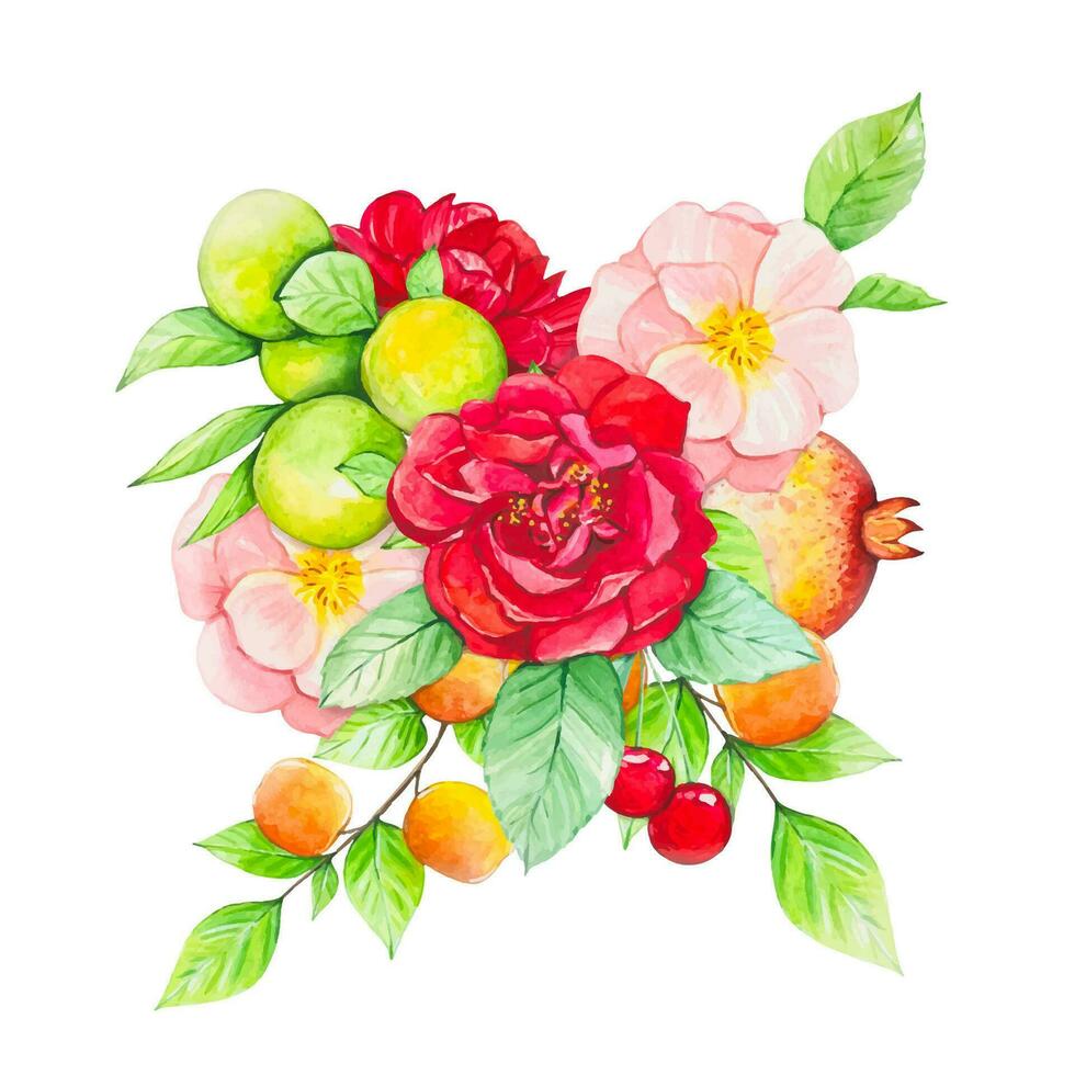 Fruit bouquet with apples, pomegranate, red roses, oranges, peaches. watercolor vector