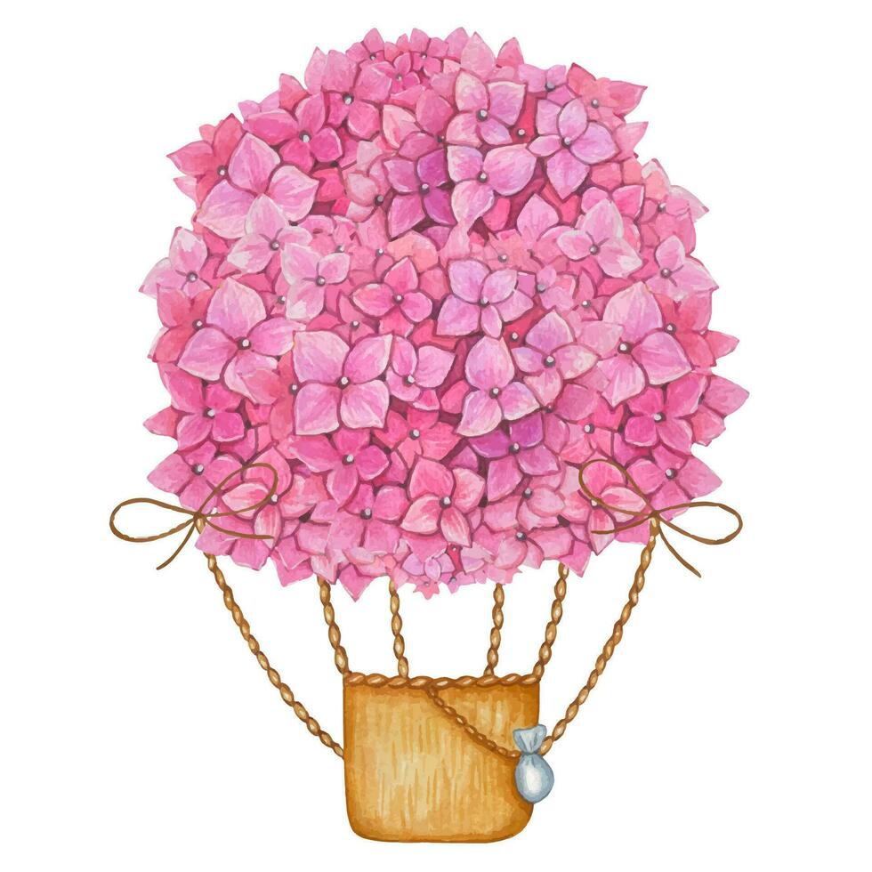 Floral hot air balloon with pink  hydrangea flowers, watercolor vector