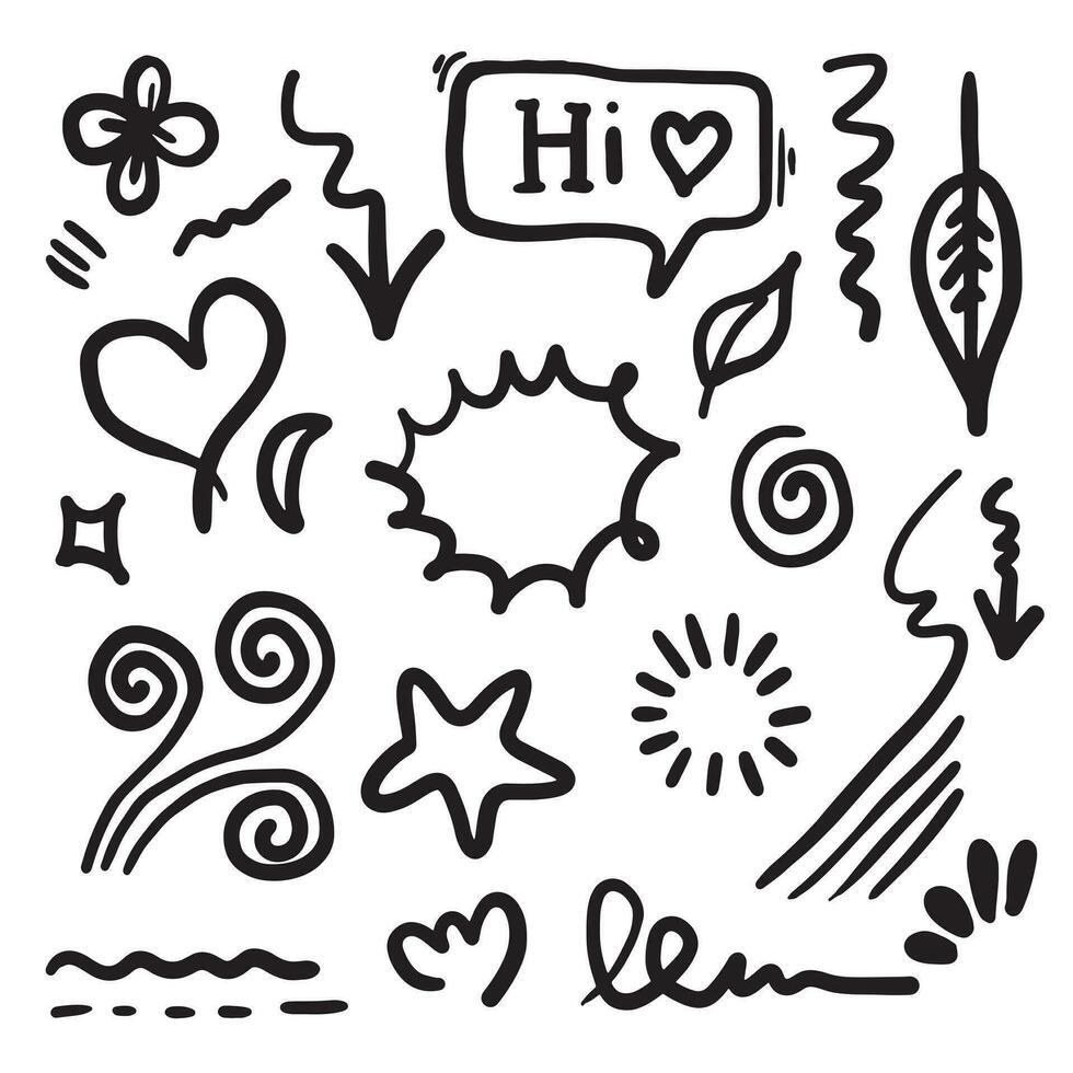 Hand drawn Arrow, heart, love, star, leaf, sun, light, flower, star, lines. vector