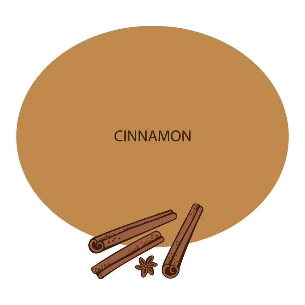 Cinnamon sticks label template background for text. Brown spice, rolled cinnamons, spicy seasoning plant vector illustration condiment For label, spice packaging, logo, card, banner. Hand drawn design