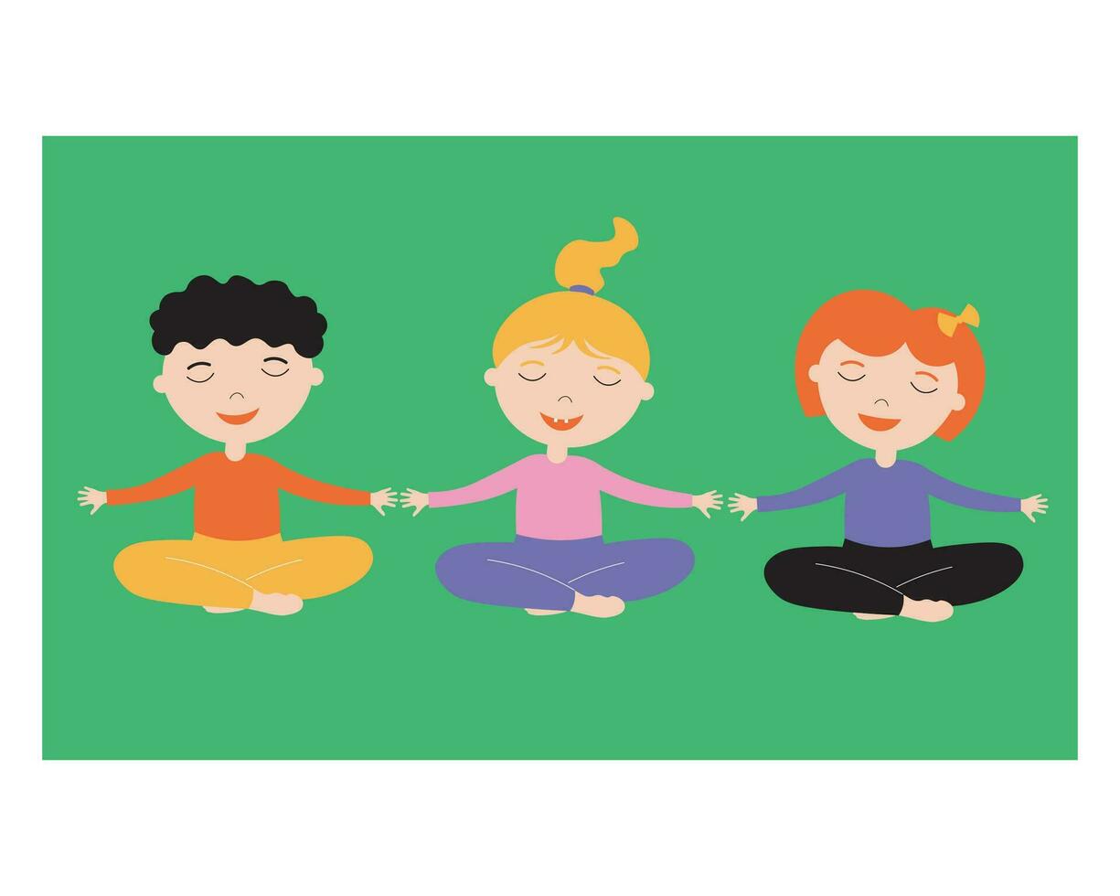 Kids yoga hand drawn vector illustration. Children in the lotus position are engaged in exercises, breathing practices, exercises, in  fresh air. Sports and recreation at school, preschool development