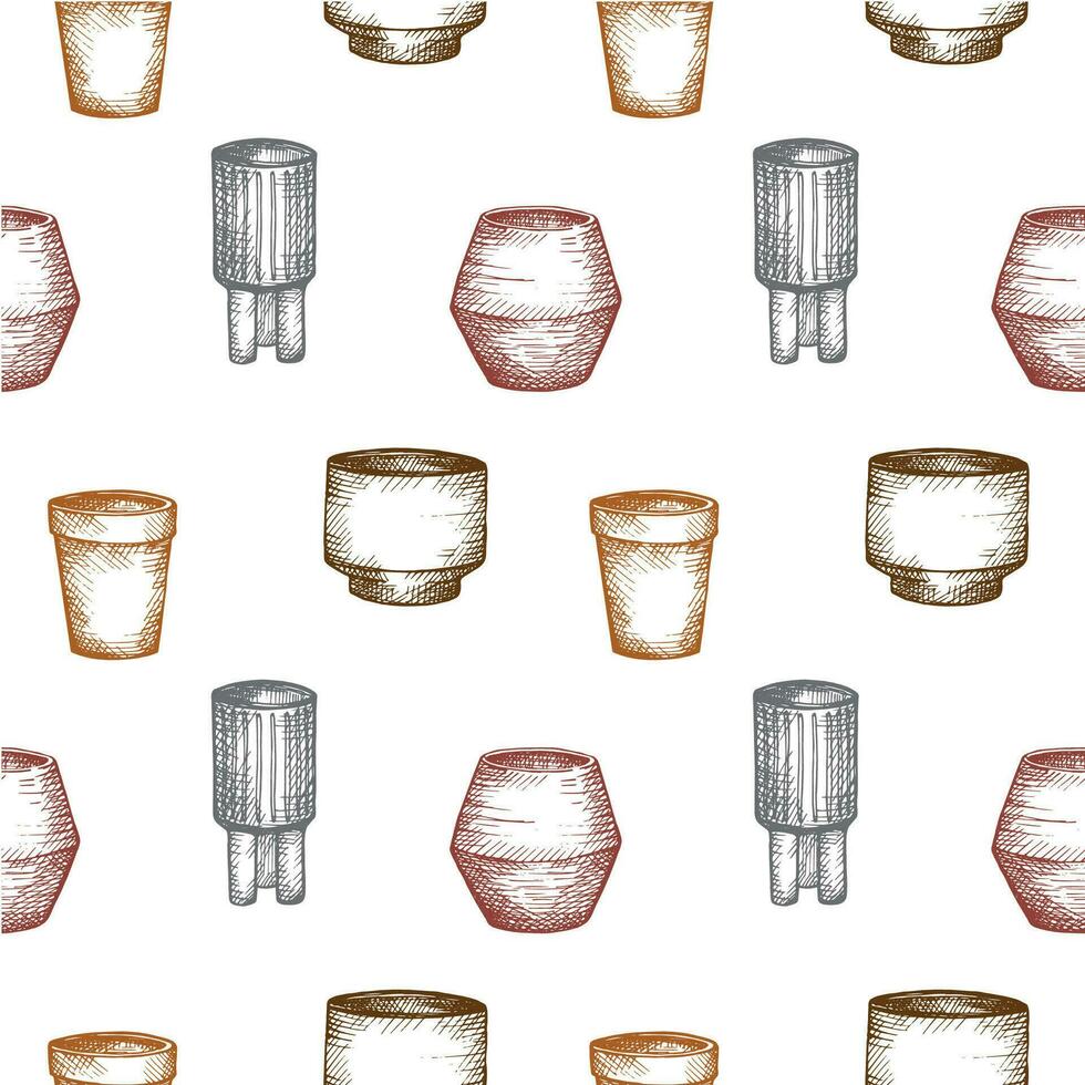 Ceramic flower vase seamless pattern, hand drawn vector illustration. Repeating background with terracotta clay ceramics, decorative ornament in boho style for flower shop, pottery, decor, crafts clay