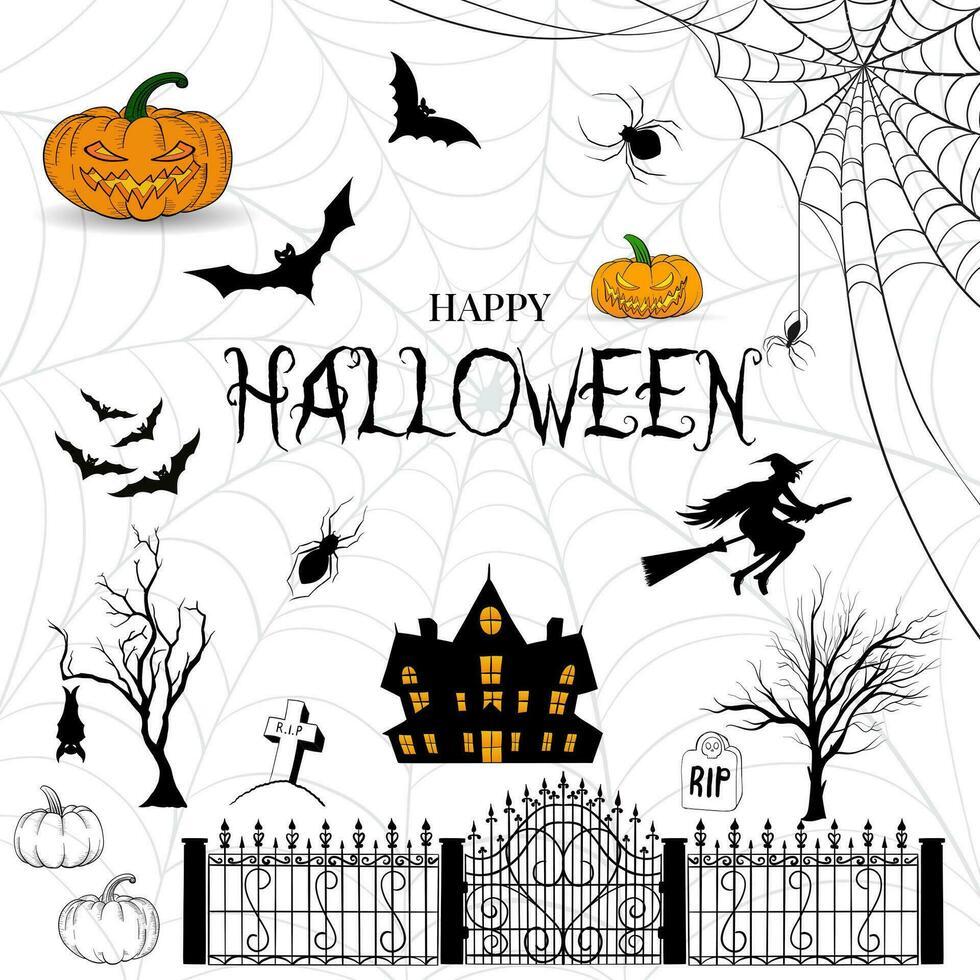 happy halloween vector design element set isolated on a white background.