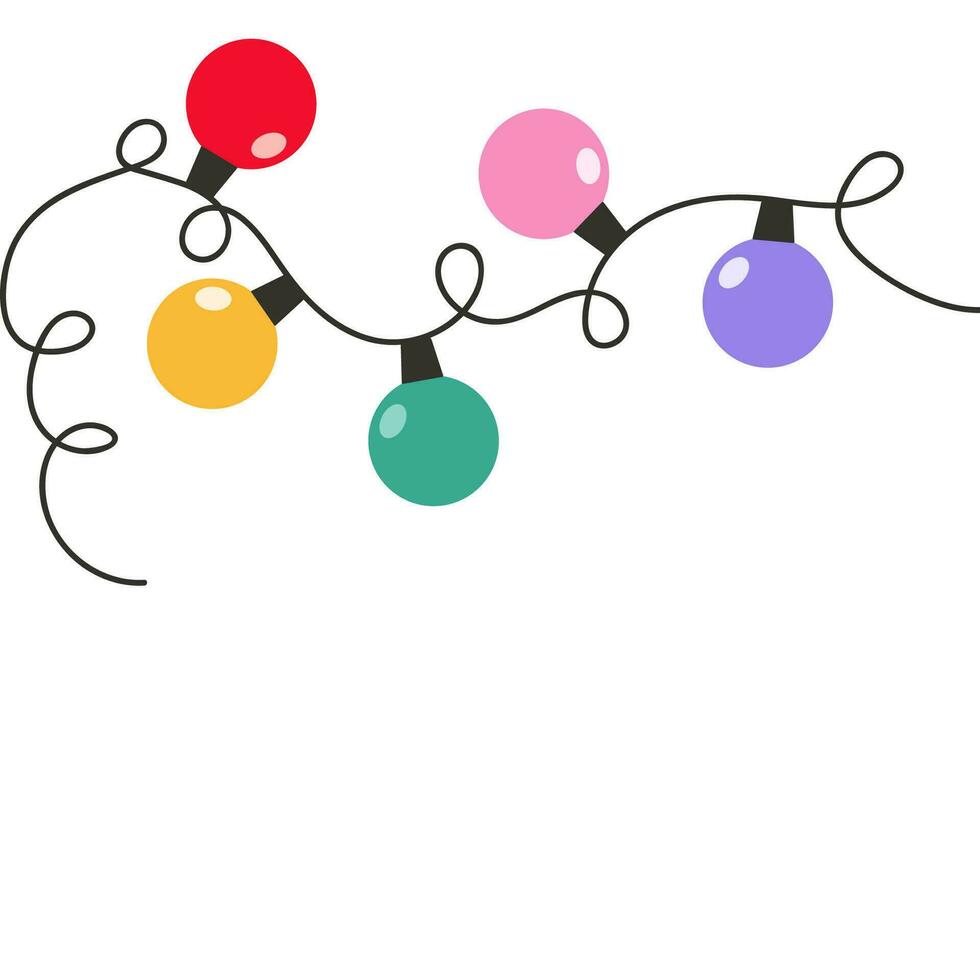 Christmas holiday garland lights in flat style. Garland with lamps with modern hand-drawn style. Happy new year. Festive bright design. Great for Xmas holiday, birthday party. Vector illustration