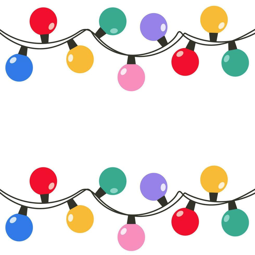 Christmas holiday garland lights in flat style. Garland with lamps with modern hand-drawn style. Happy new year. Festive bright design. Great for Xmas holiday, birthday party. Vector illustration