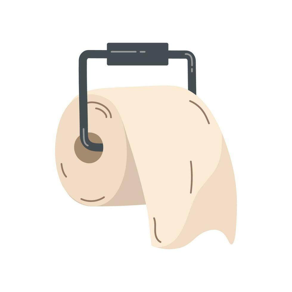 Vector illustration of toilet paper and metal holder. Roll tissue paper in cartoon style. Hygiene icon. Bathroom accessories, WC