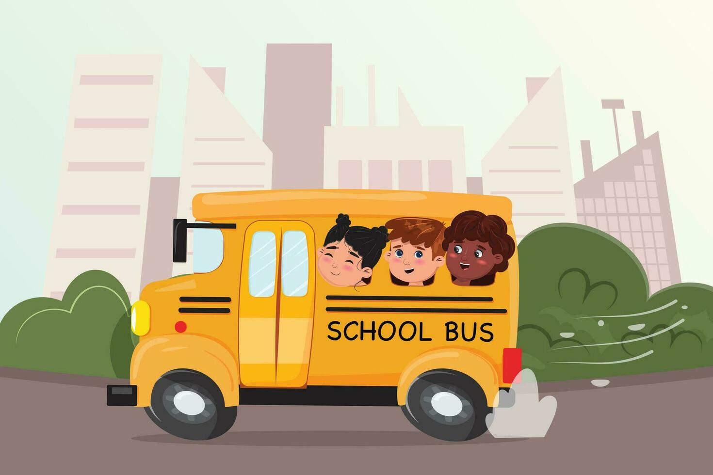 Modern flat cartoon illustration with a school bus and children in the city park. Vector illustration