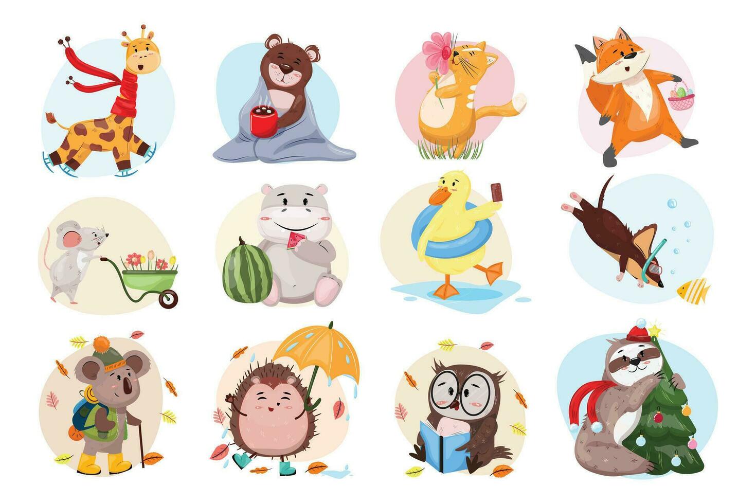 Set of different animals doing some leisures based on the season vector