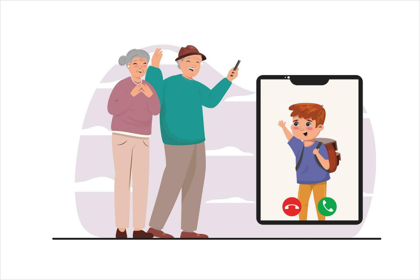 Vector illustration with happy grandparents having video call with their grandson