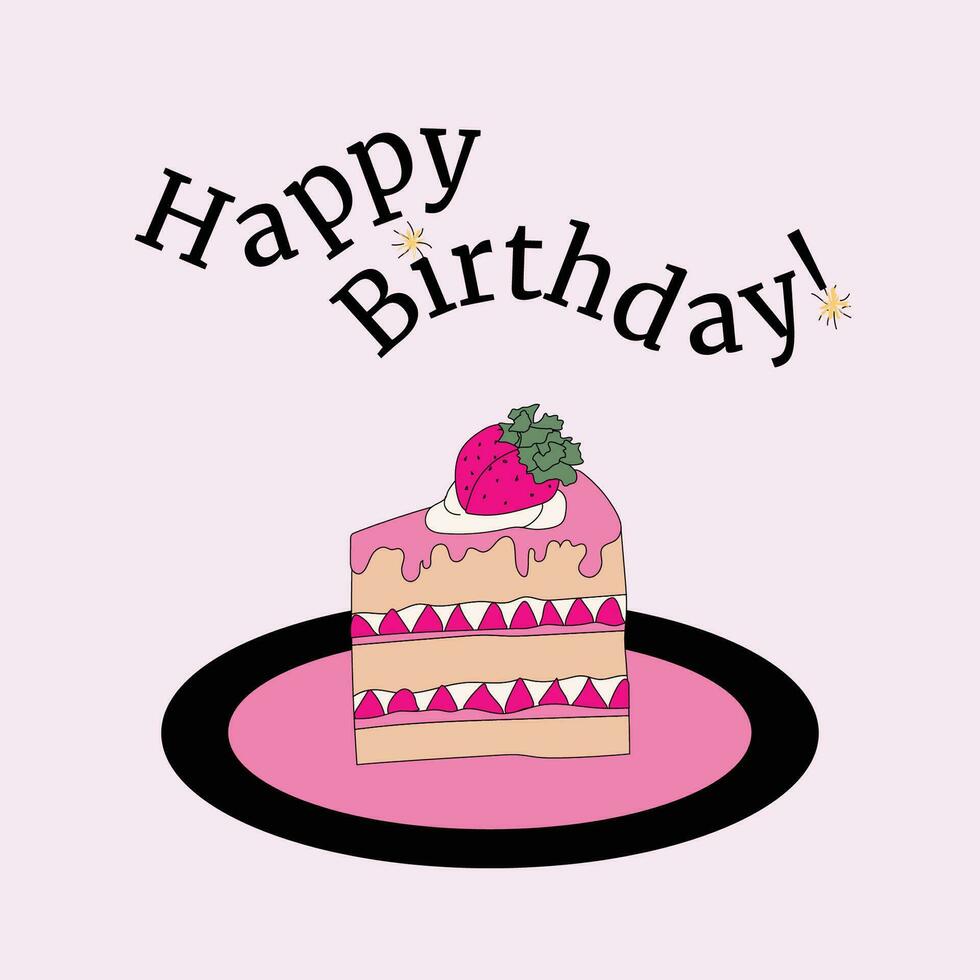 Birthday Card with Lettering and Hand Drawn Cake Slice with Candle, Premium Vector