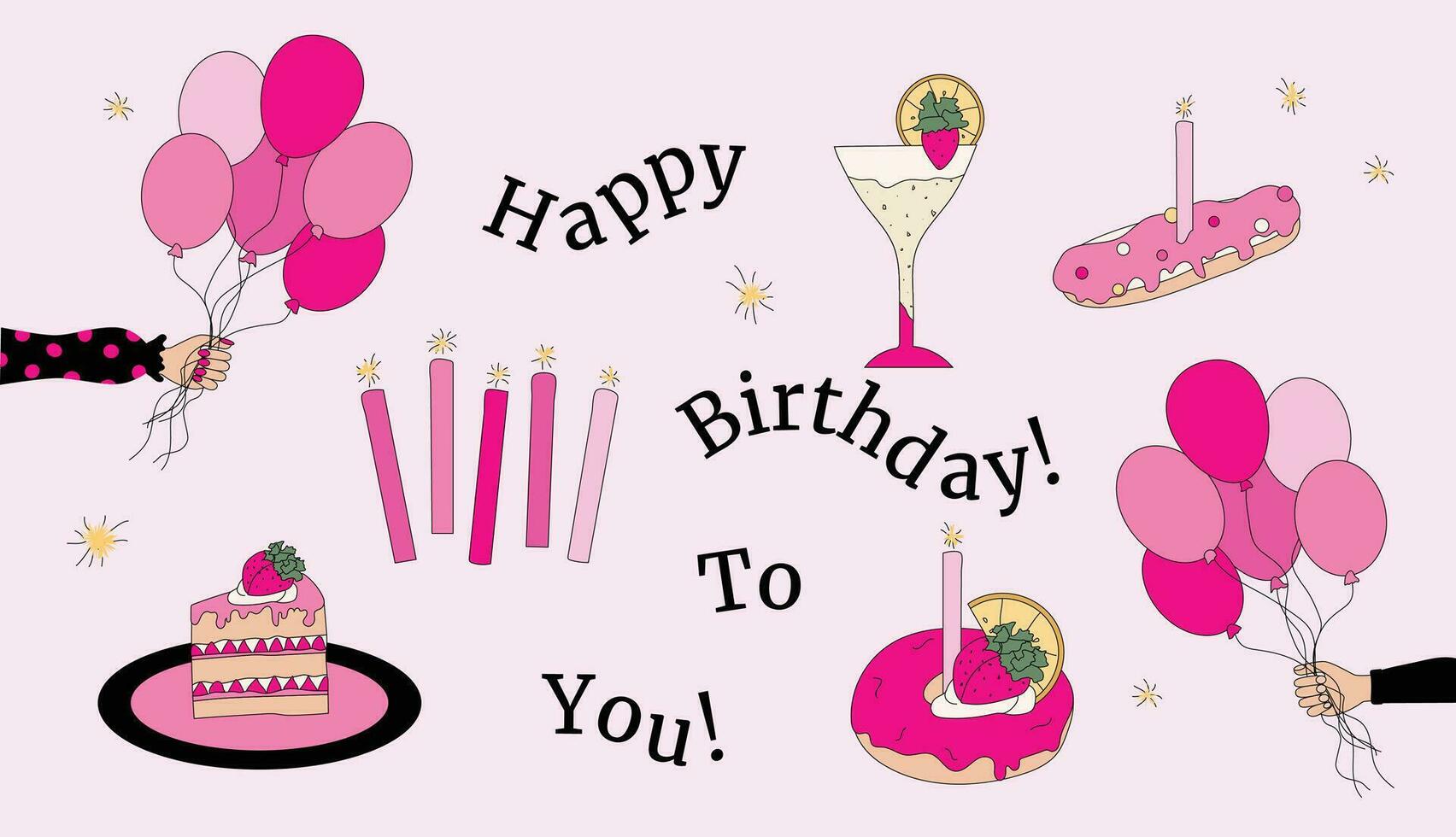 contento cumpleaños mano dibujado ilustraciones conjunto con letras globos, velas, dulces, prima vector