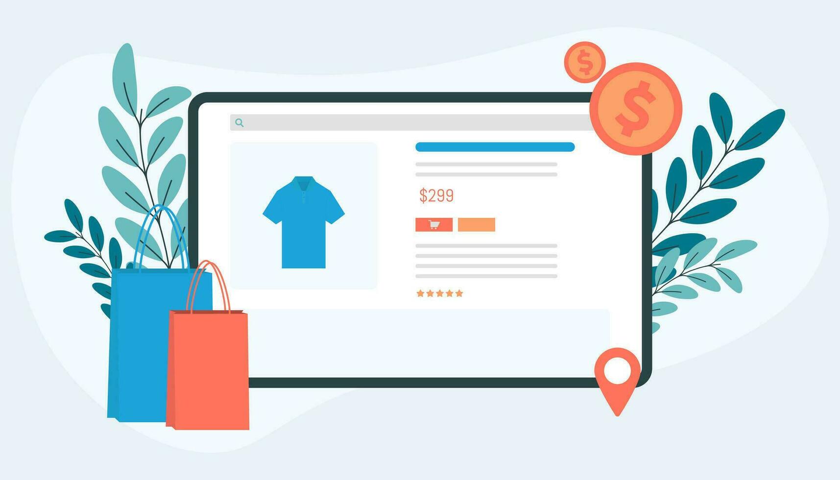 Illustration of a tablet that opens the page of an online shopping website. vector