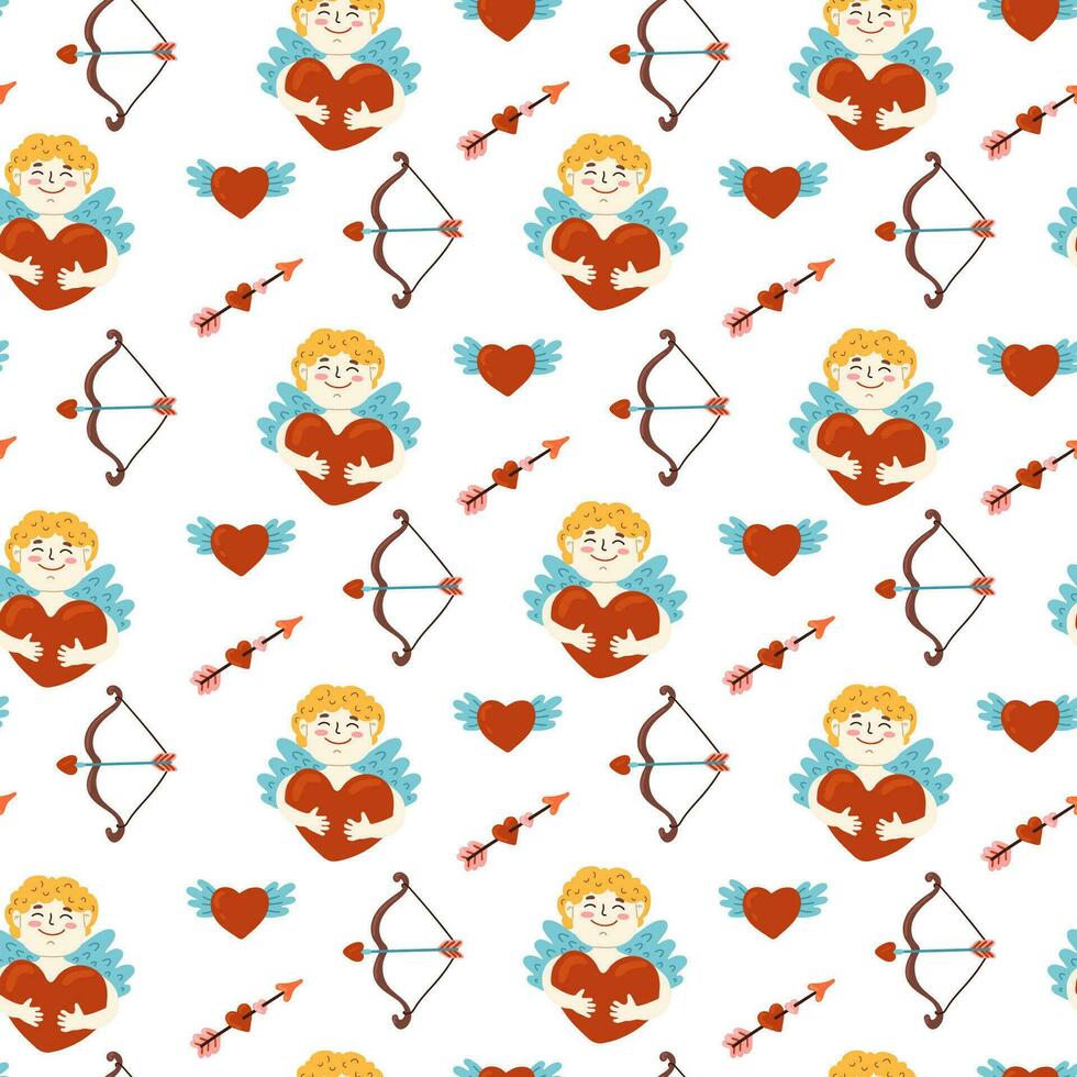 Amur baby with heart, love bow and arrow vector seamless pattern. Funny cupid, little angel Valentine's Day Romantic texture background