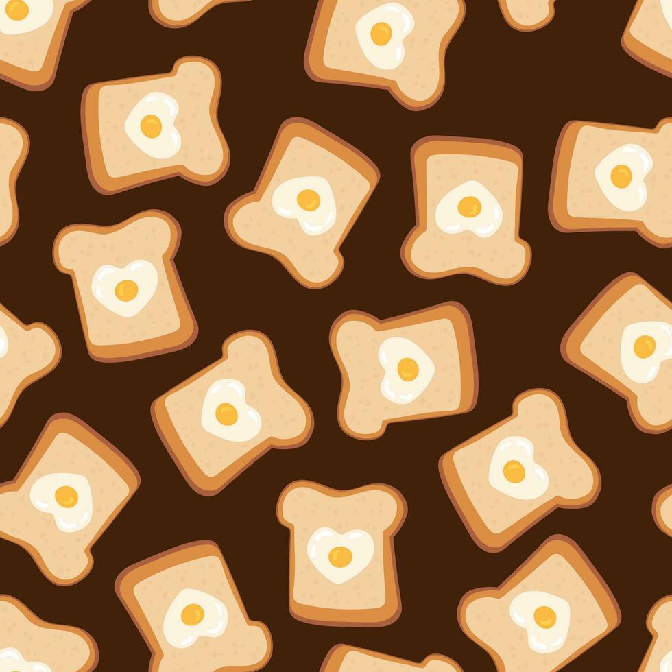 Heart shaped egg in toasted slice of rye bread vector seamless pattern. St Valentine's day Love breakfast Romantic texture background