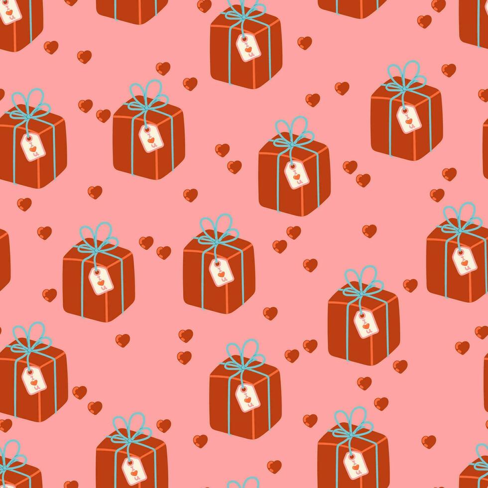 Wrapped red gift box with ribbon and red heart vector seamless pattern. Romantic valentine's day texture background