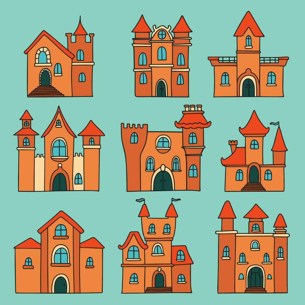 Set of castles in colored outline style. Vector illustration. Orange castle from fairy tale.