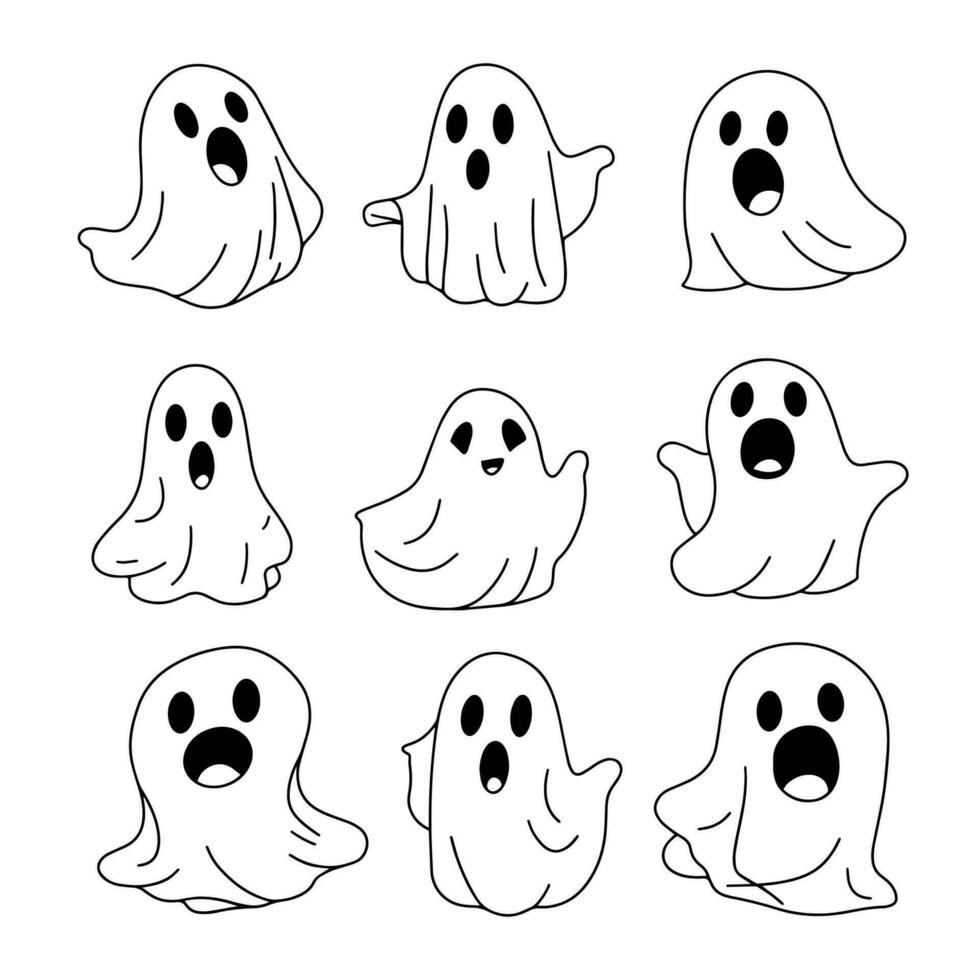 Set of cute ghosts in hand drawn in doodle style. Outline ghosts. Collection of ghosts as Halloween decoration. Vector illustration.