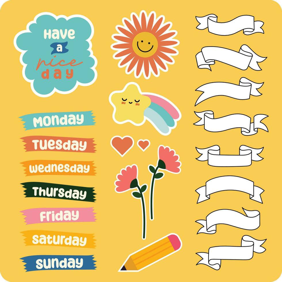flat design vector cute colorful sticker for journal planner collection set
