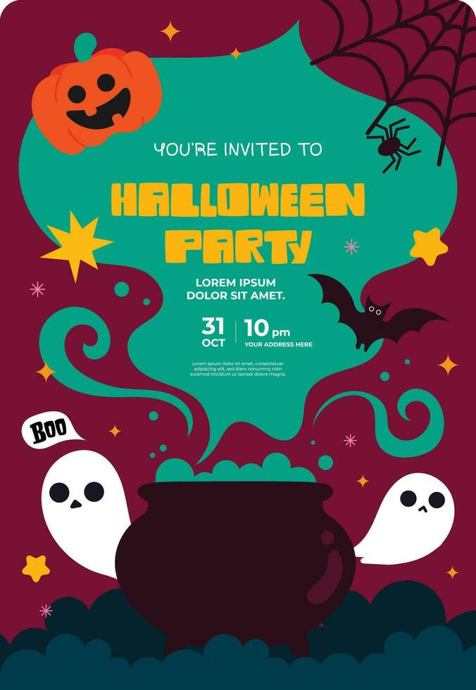 flat design vector cute happy halloween invitation card template illustration